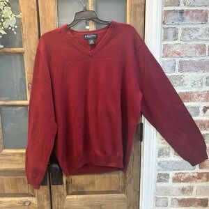 Brooks Brothers Men's Sweater Large Red Merino Wool V-Neck Holiday Winter